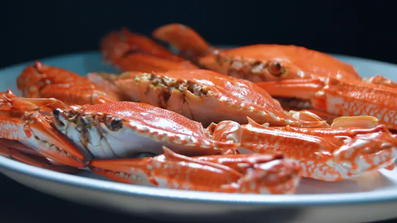 Assiette de crabes cuits à la carapace orange vif, photographiés de près sur fond sombre