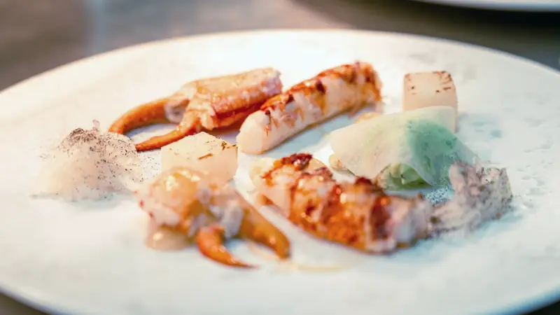 Morceaux de queue et de pinces de homard décortiqués, dressés dans une assiette blanche