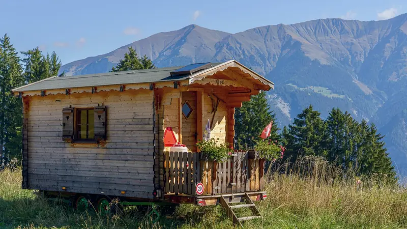 Petite maison en bois sur roues avec terrasse fleurie, posée dans une prairie